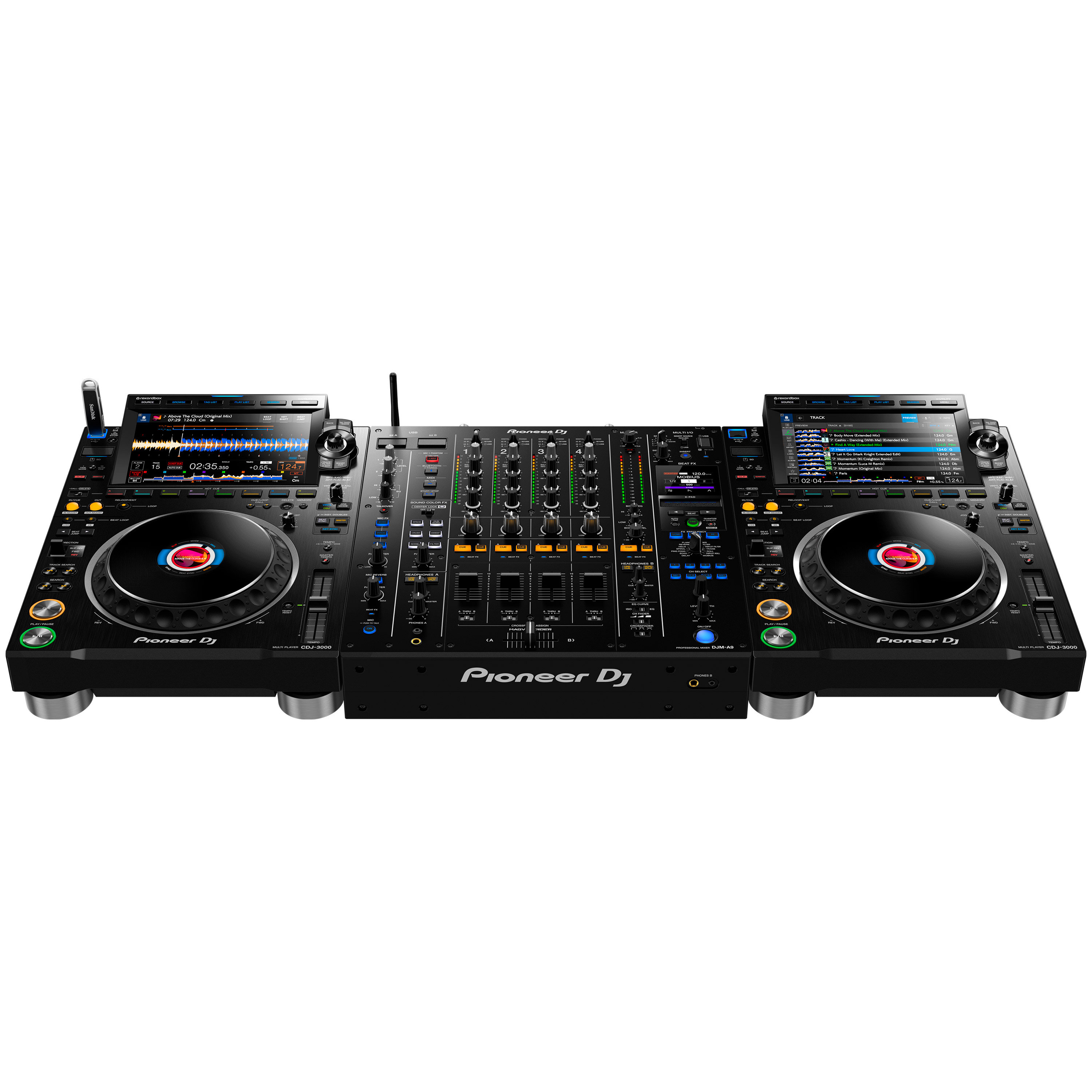 Complete Pioneer DJ setup with two CDJ-3000 media players and one DJM-A9 mixer
